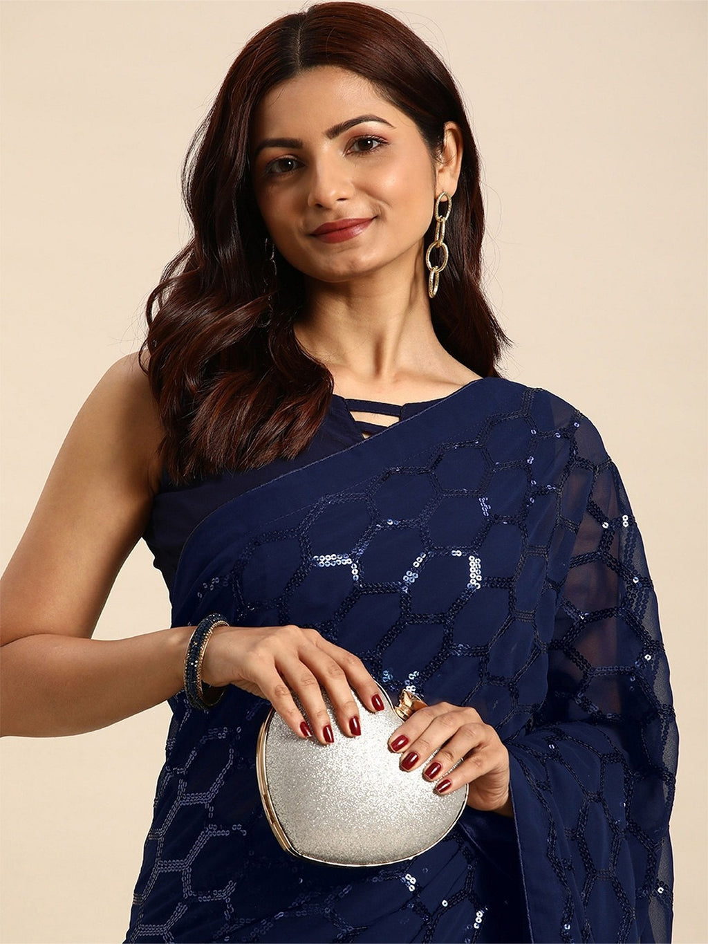 NAINARA Navy Blue Sequins Work Georgette Saree with Honeycomb Design and Unstitched Blouse Piece