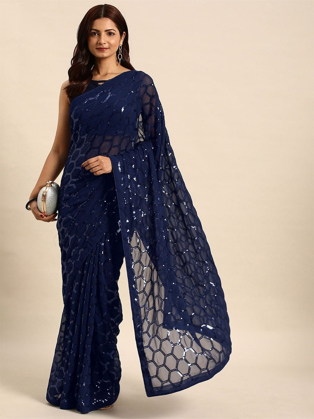 NAINARA Navy Blue Sequins Work Georgette Saree with Honeycomb Design and Unstitched Blouse Piece