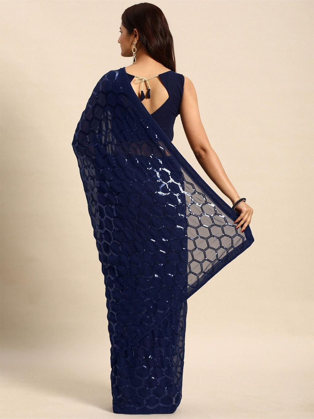 NAINARA Navy Blue Sequins Work Georgette Saree with Honeycomb Design and Unstitched Blouse Piece
