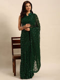 NAINARA Green Sequins Work Georgette Saree with Honeycomb Design and Unstitched Blouse Piece