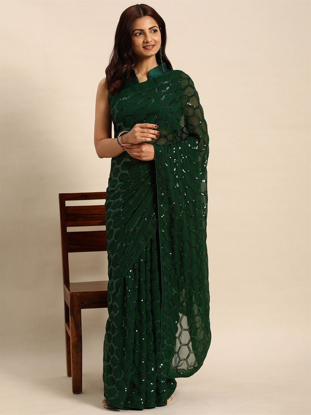 NAINARA Green Sequins Work Georgette Saree with Honeycomb Design and Unstitched Blouse Piece
