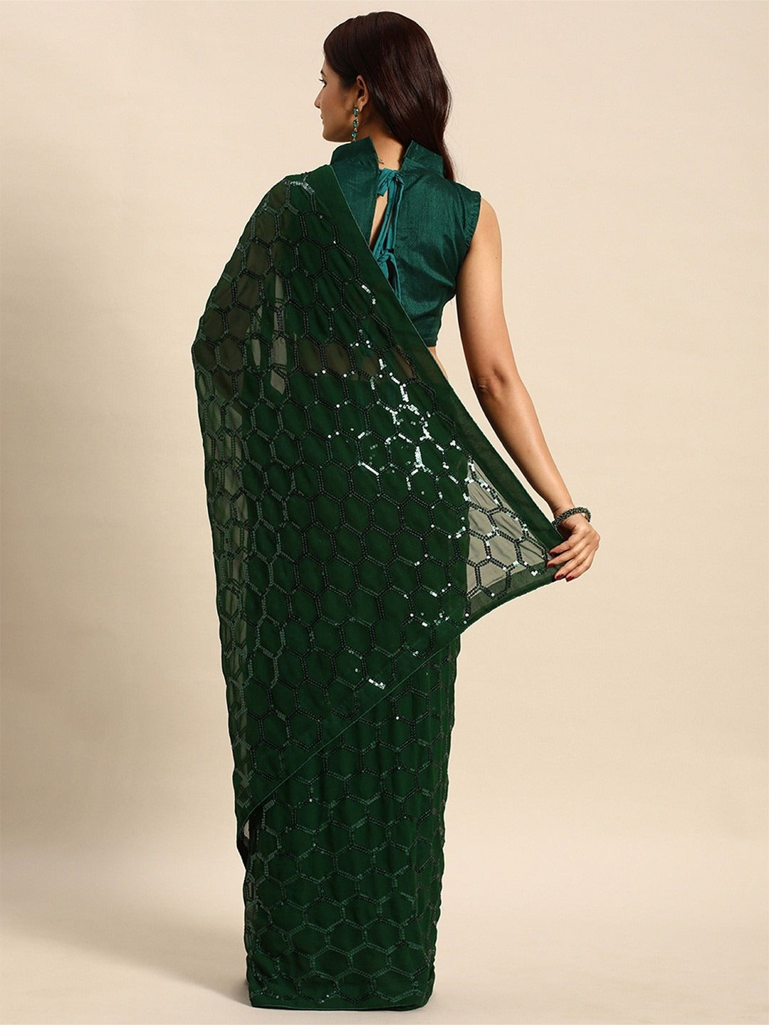 NAINARA Green Sequins Work Georgette Saree with Honeycomb Design and Unstitched Blouse Piece
