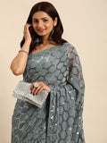 NAINARA Grey Sequins Work Georgette Saree with Honeycomb Design and Unstitched Blouse Piece