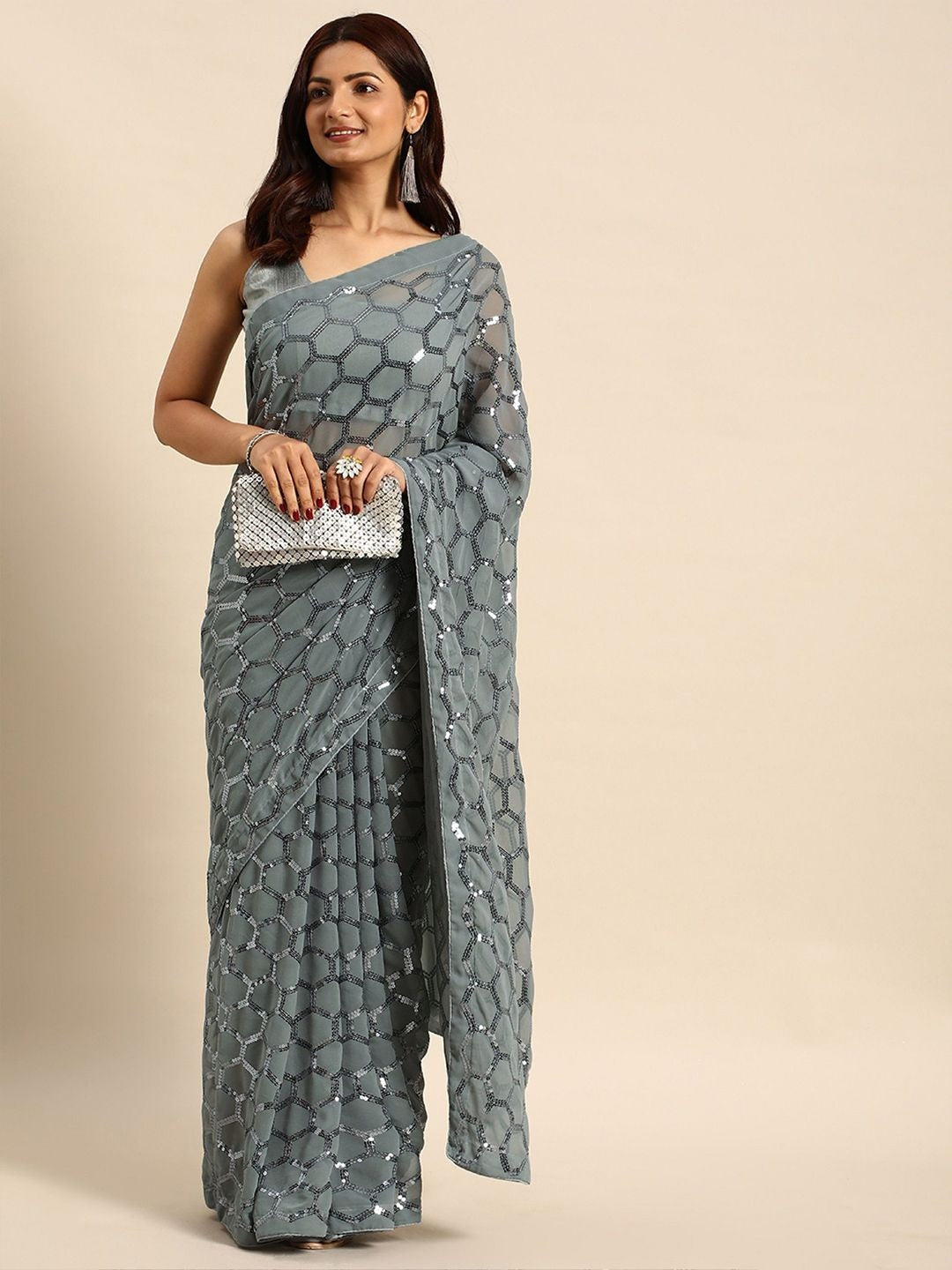 NAINARA Grey Sequins Work Georgette Saree with Honeycomb Design and Unstitched Blouse Piece