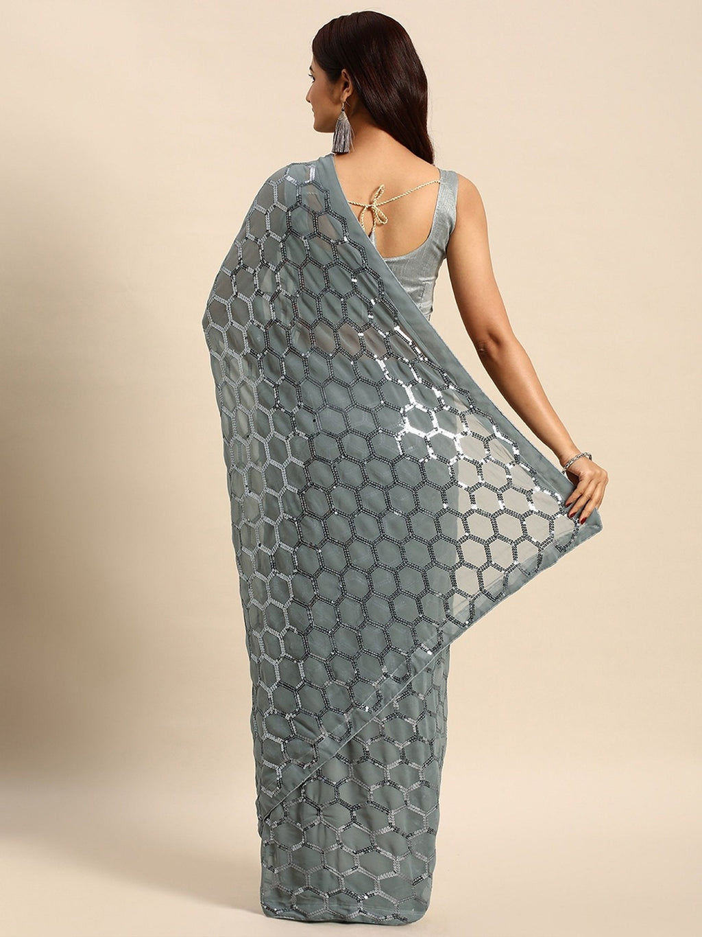 NAINARA Grey Sequins Work Georgette Saree with Honeycomb Design and Unstitched Blouse Piece