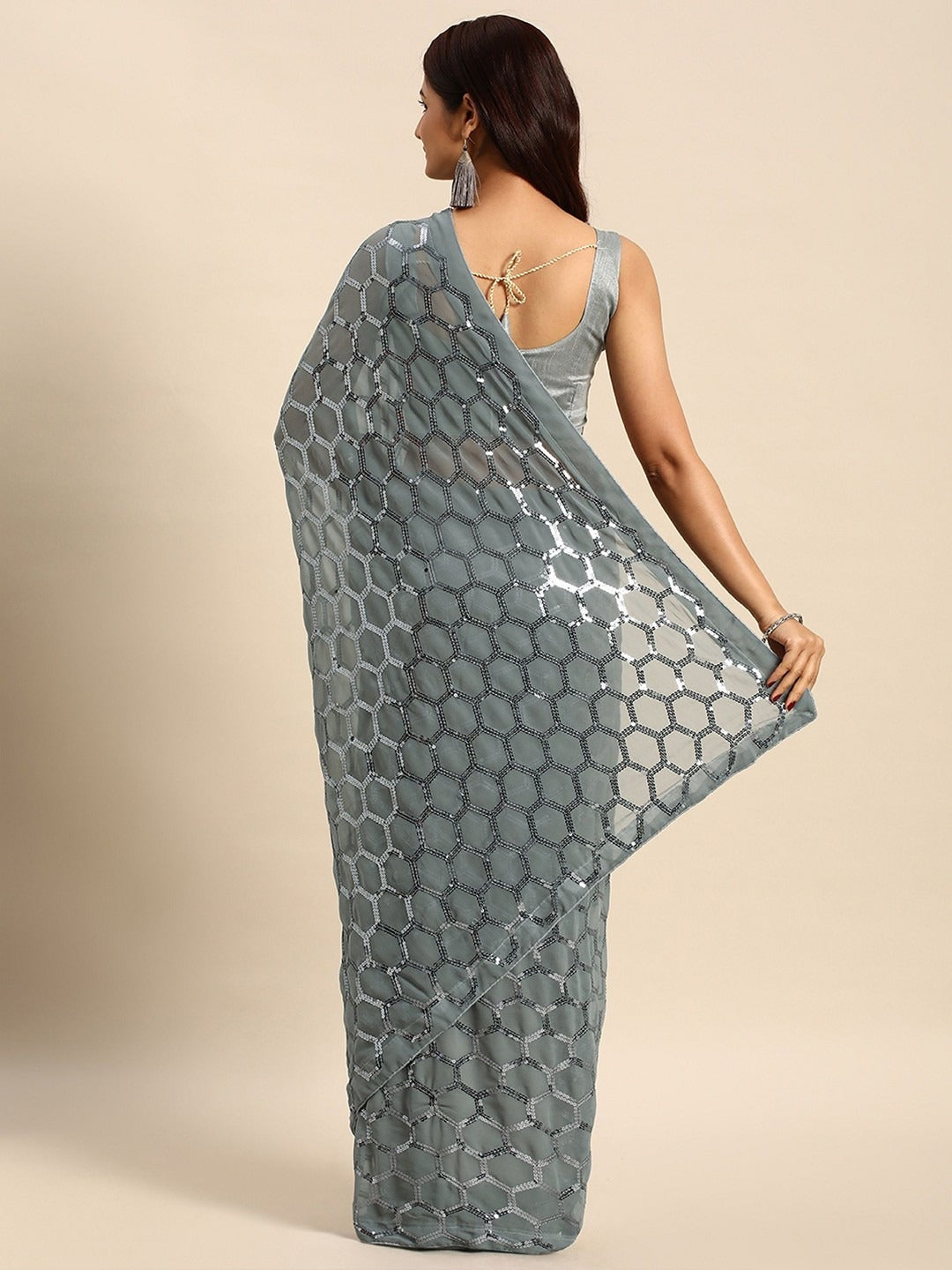 NAINARA Grey Sequins Work Georgette Saree with Honeycomb Design and Unstitched Blouse Piece