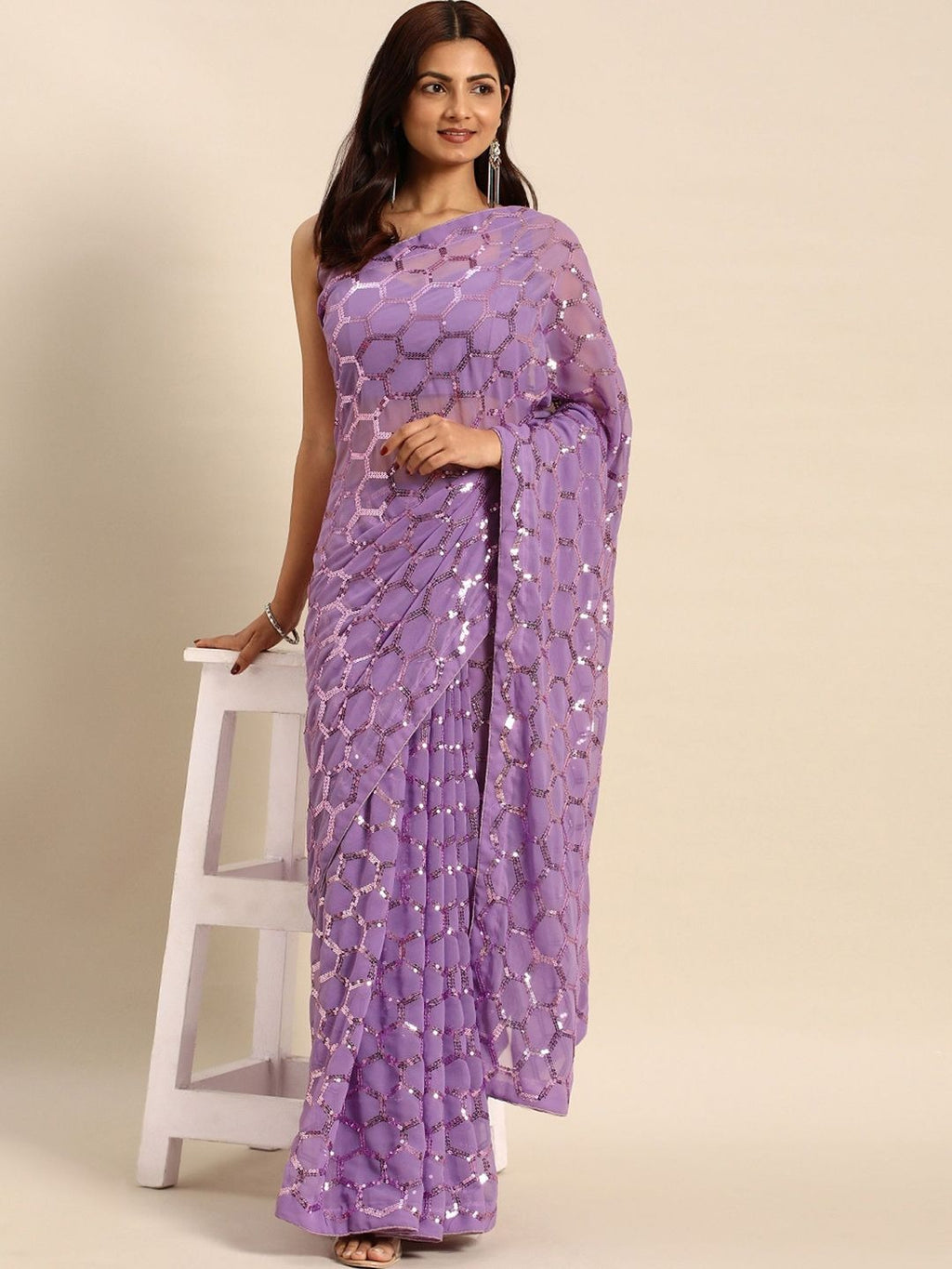 NAINARA Lavender Sequins Work Georgette Saree with Honeycomb Design and Unstitched Blouse Piece