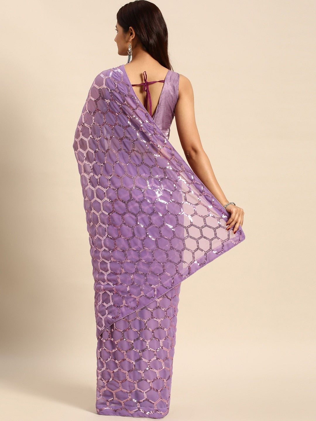 NAINARA Lavender Sequins Work Georgette Saree with Honeycomb Design and Unstitched Blouse Piece