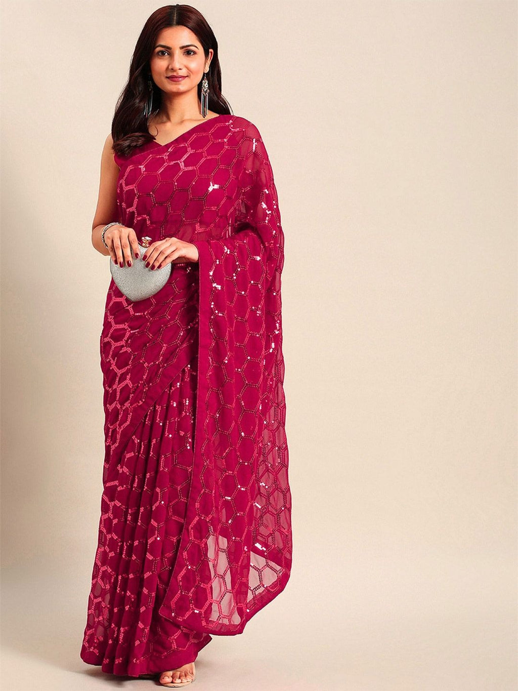 NAINARA Rani Pink Sequins Work Georgette Saree with Honeycomb Design and Unstitched Blouse Piece