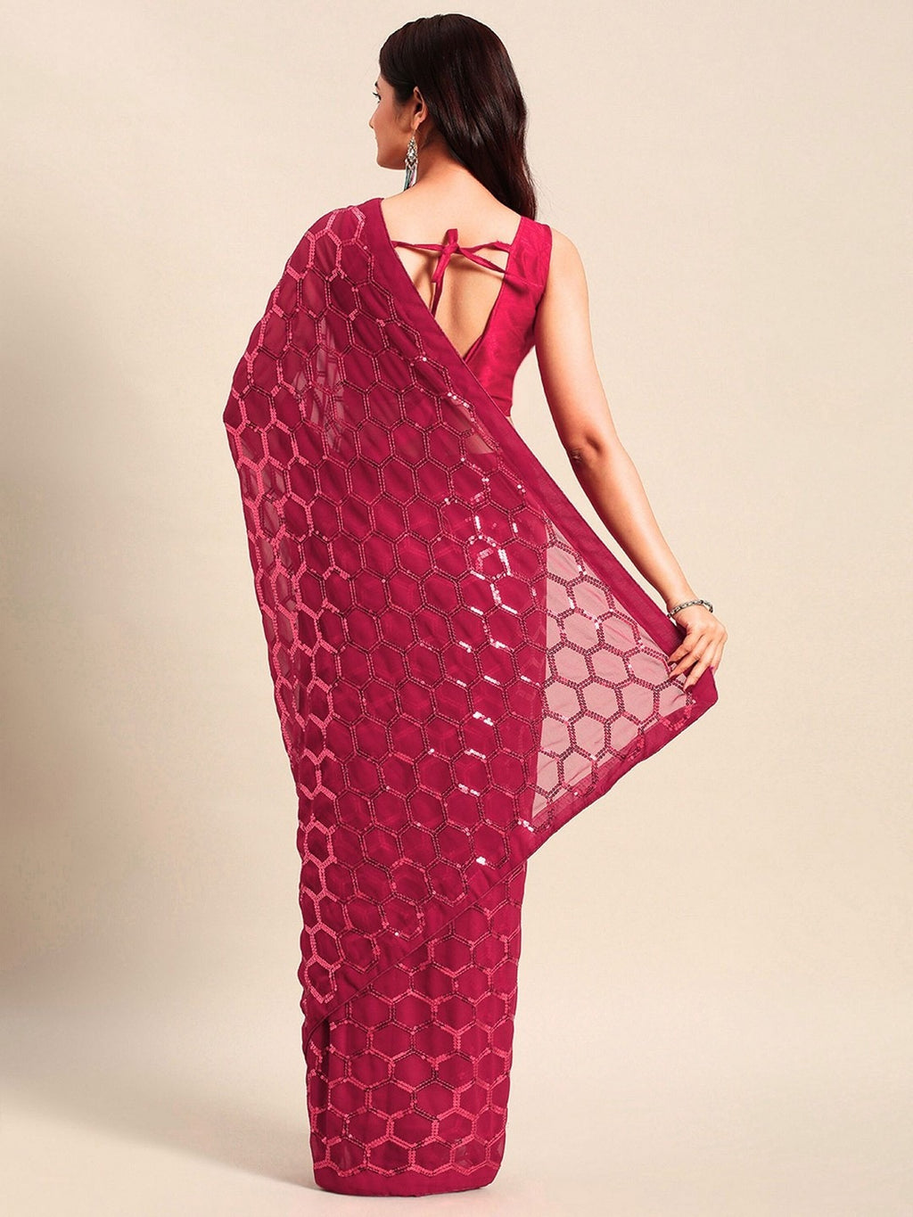 NAINARA Rani Pink Sequins Work Georgette Saree with Honeycomb Design and Unstitched Blouse Piece