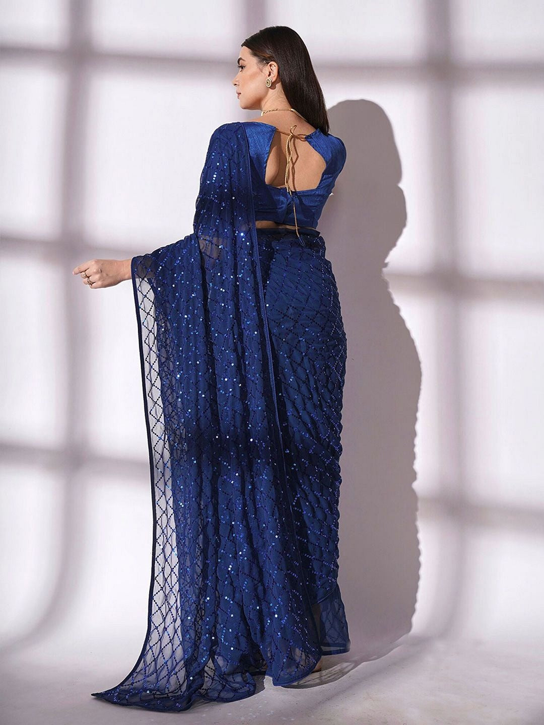 NAINARA Navy Blue Georgette Saree with Sequin Checks Work and Matching Blouse