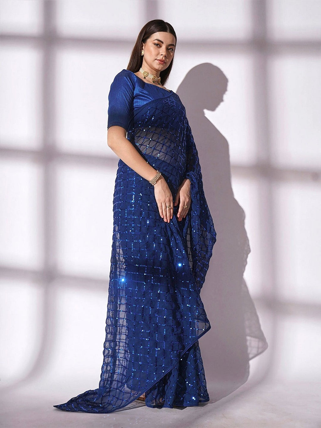 NAINARA Navy Blue Georgette Saree with Sequin Checks Work and Matching Blouse