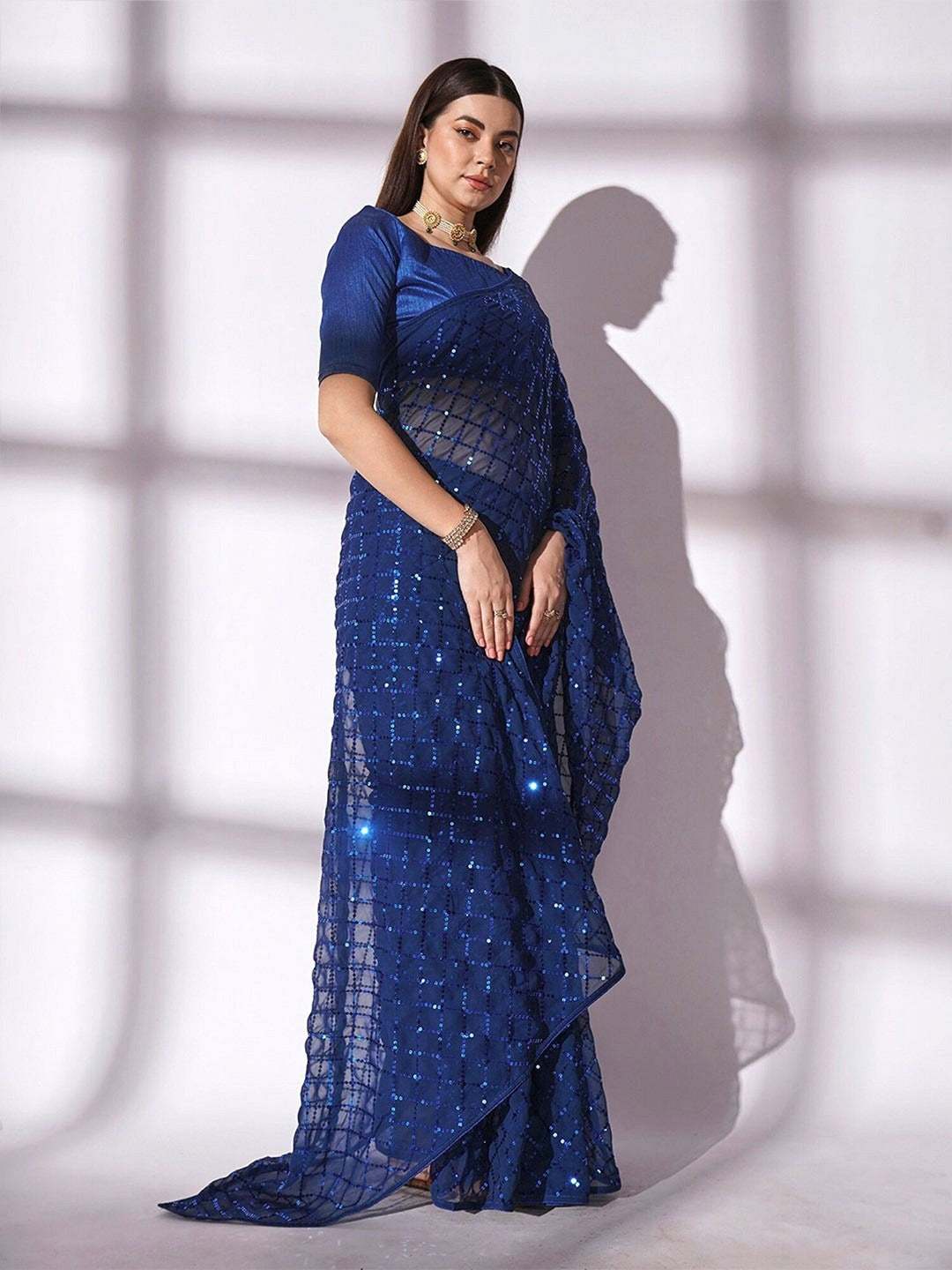 NAINARA Navy Blue Georgette Saree with Sequin Checks Work and Matching Blouse