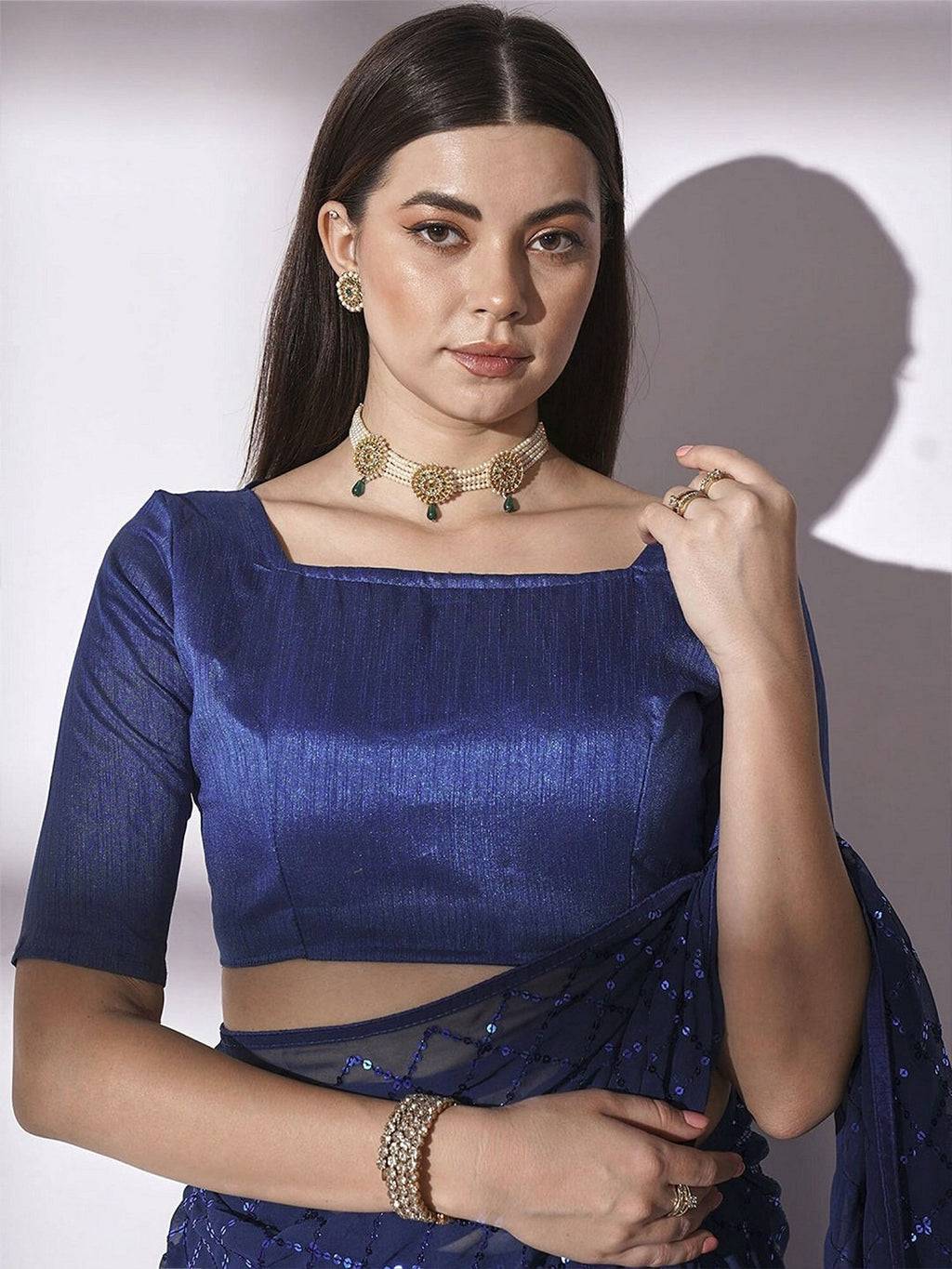 NAINARA Navy Blue Georgette Saree with Sequin Checks Work and Matching Blouse