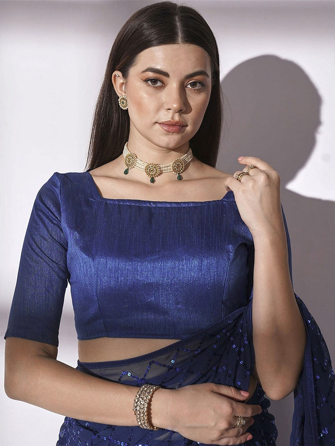 NAINARA Navy Blue Georgette Saree with Sequin Checks Work and Matching Blouse
