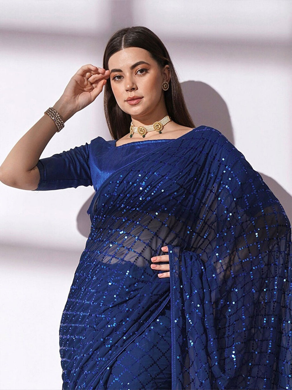 NAINARA Navy Blue Georgette Saree with Sequin Checks Work and Matching Blouse