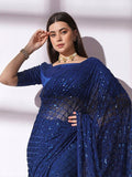 NAINARA Navy Blue Georgette Saree with Sequin Checks Work and Matching Blouse
