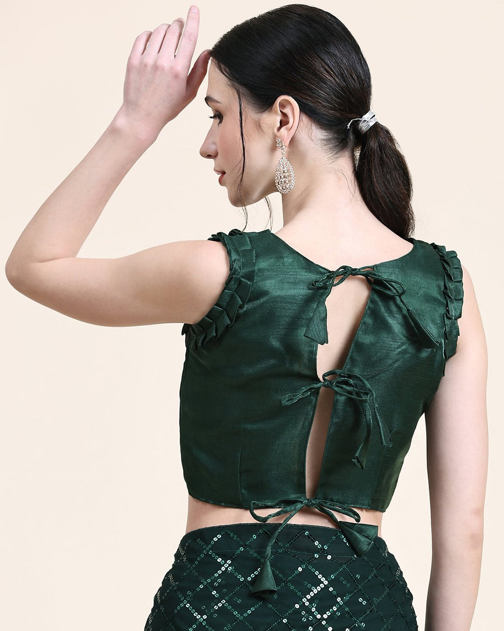 NAINARA Dark Green Georgette Saree with Sequin Checks Work and Matching Blouse
