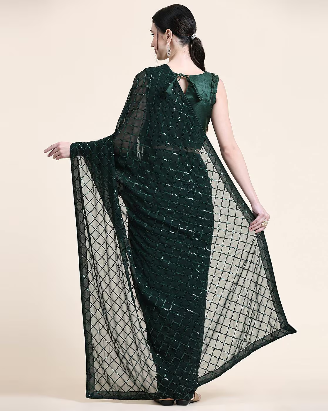 NAINARA Dark Green Georgette Saree with Sequin Checks Work and Matching Blouse