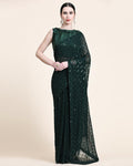 NAINARA Dark Green Georgette Saree with Sequin Checks Work and Matching Blouse