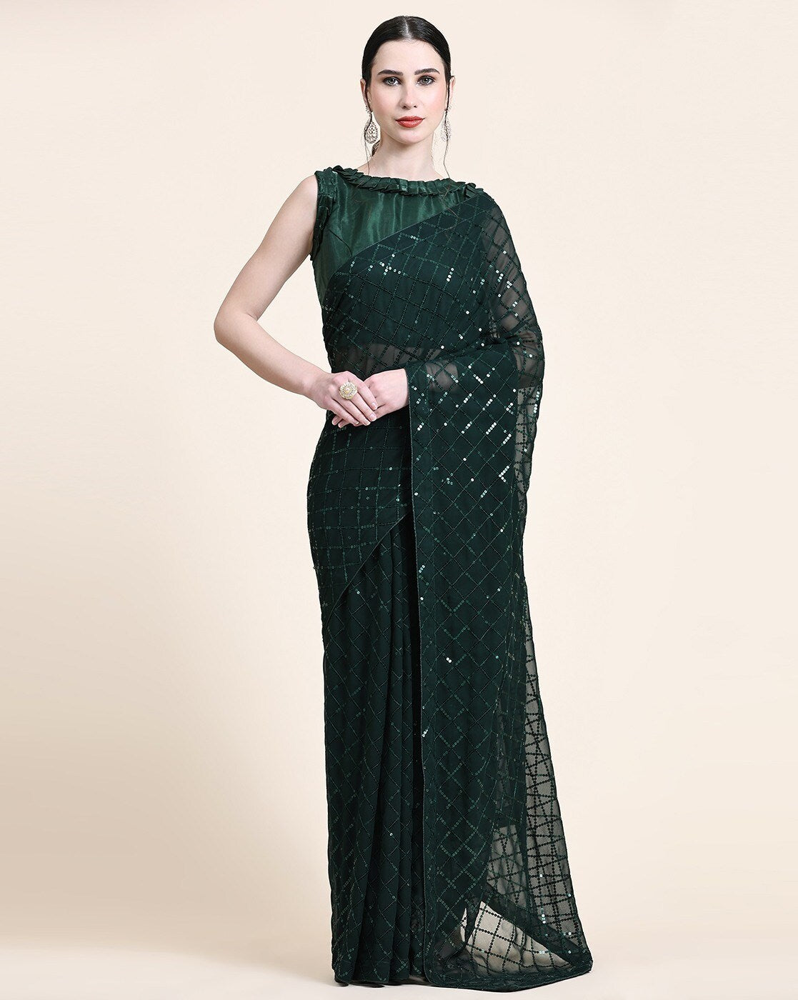 NAINARA Dark Green Georgette Saree with Sequin Checks Work and Matching Blouse