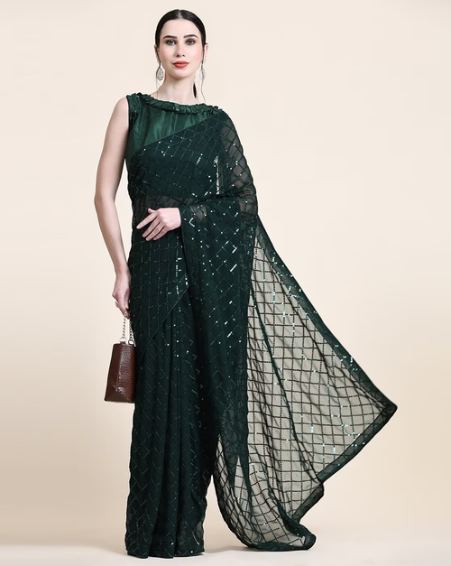 NAINARA Dark Green Georgette Saree with Sequin Checks Work and Matching Blouse