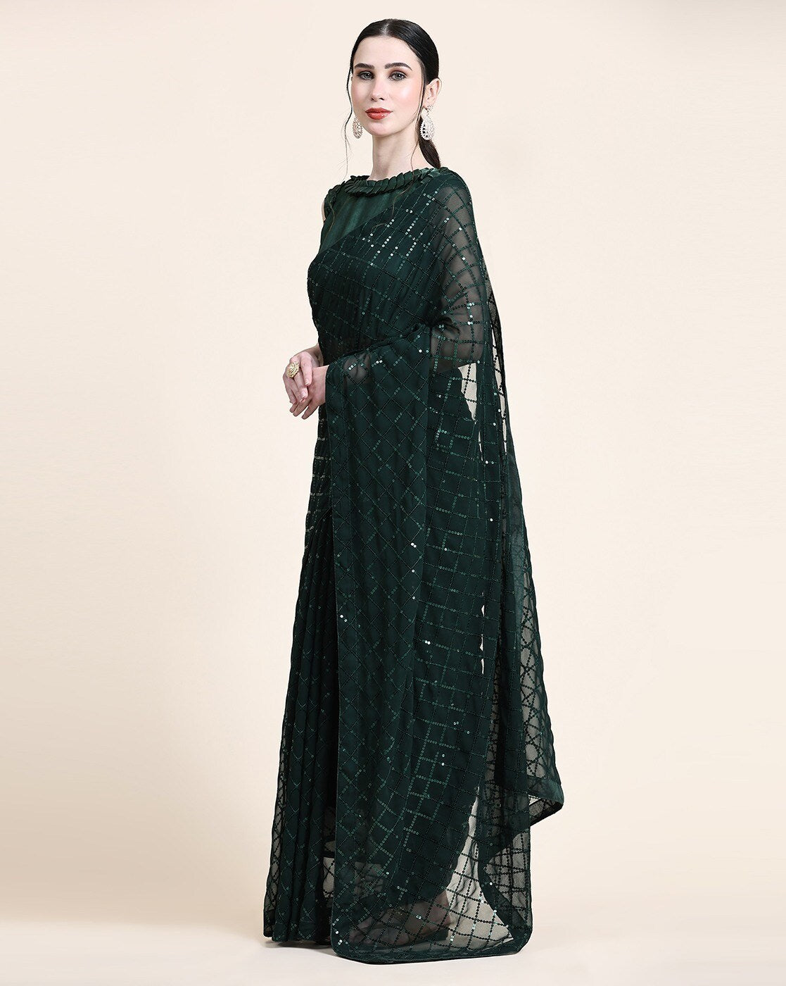 NAINARA Dark Green Georgette Saree with Sequin Checks Work and Matching Blouse