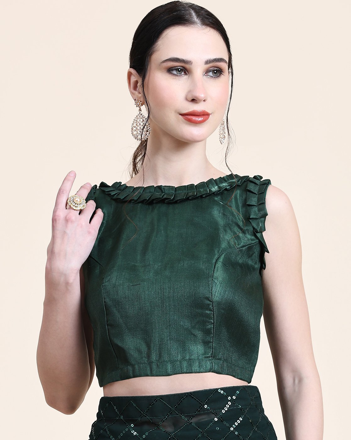 NAINARA Dark Green Georgette Saree with Sequin Checks Work and Matching Blouse