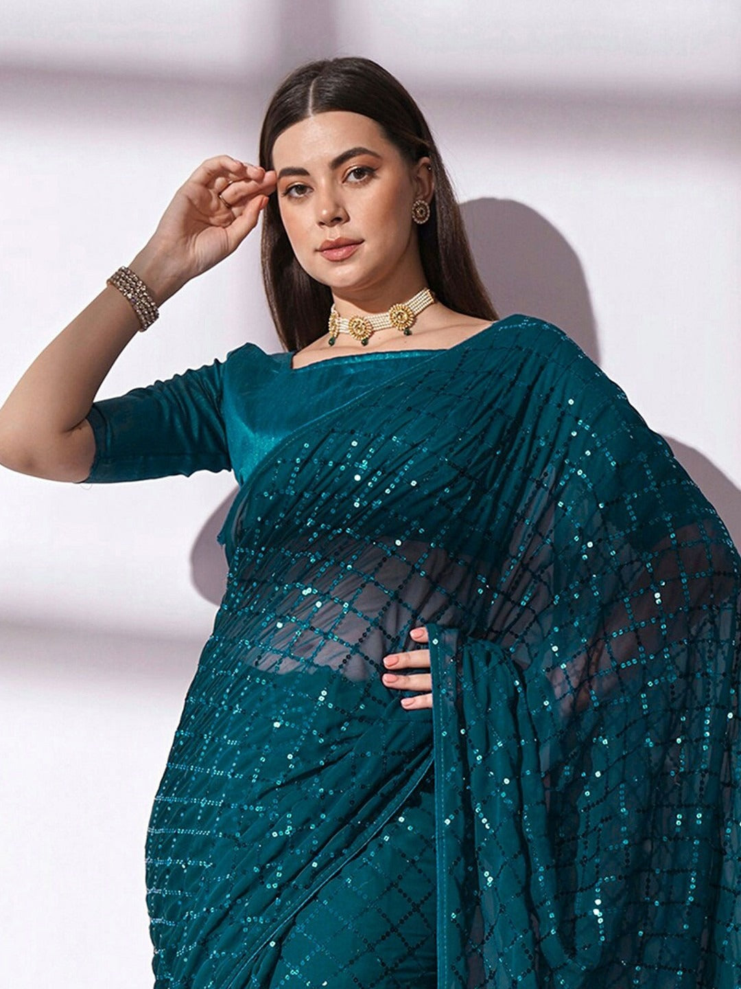 NAINARA Teal Blue Georgette Saree with Sequin Checks Work and Matching Blouse