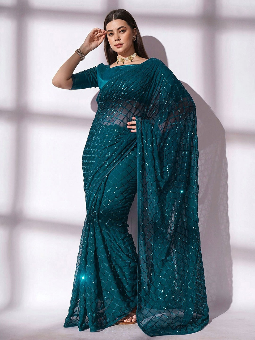 NAINARA Teal Blue Georgette Saree with Sequin Checks Work and Matching Blouse