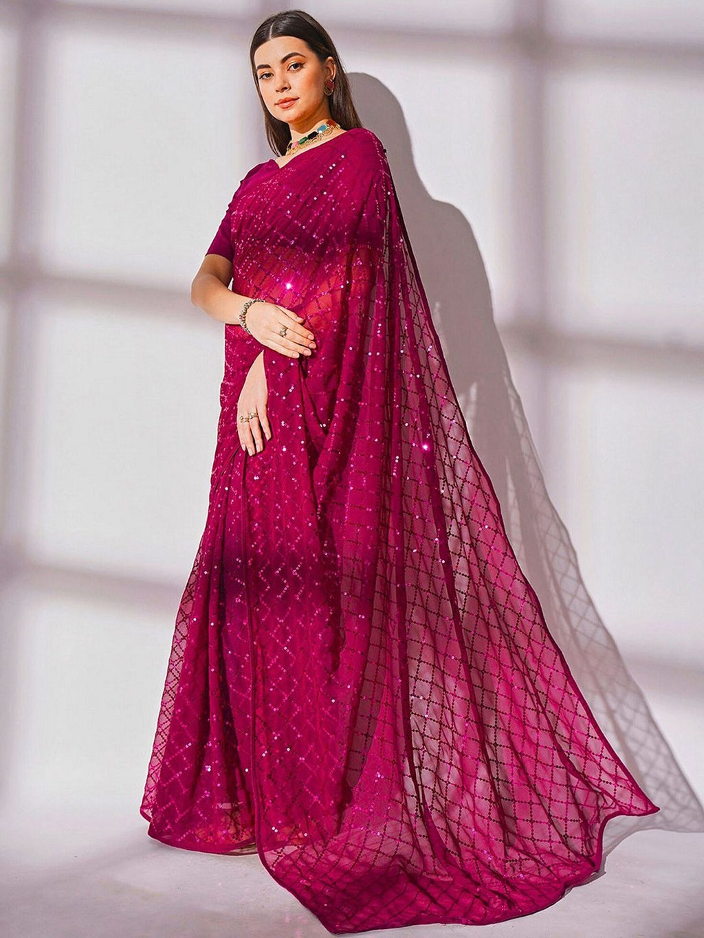NAINARA Rani Pink Georgette Saree with Sequin Checks Work and Matching Blouse