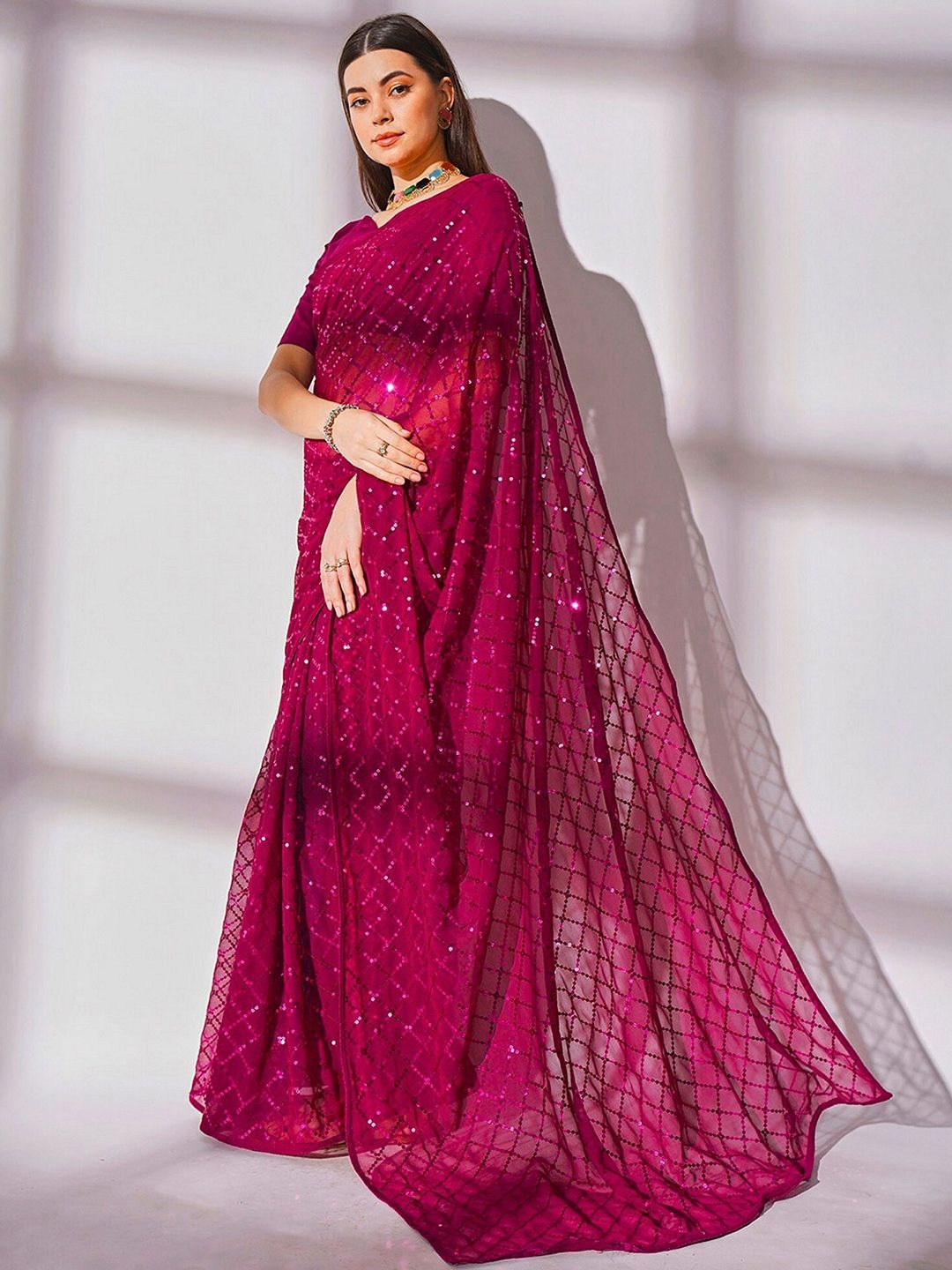 NAINARA Rani Pink Georgette Saree with Sequin Checks Work and Matching Blouse