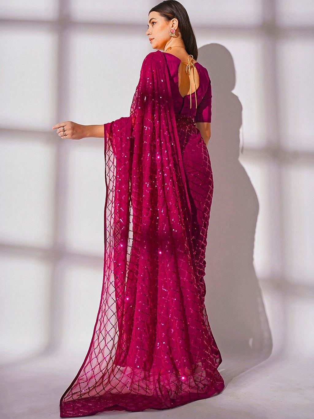 NAINARA Rani Pink Georgette Saree with Sequin Checks Work and Matching Blouse