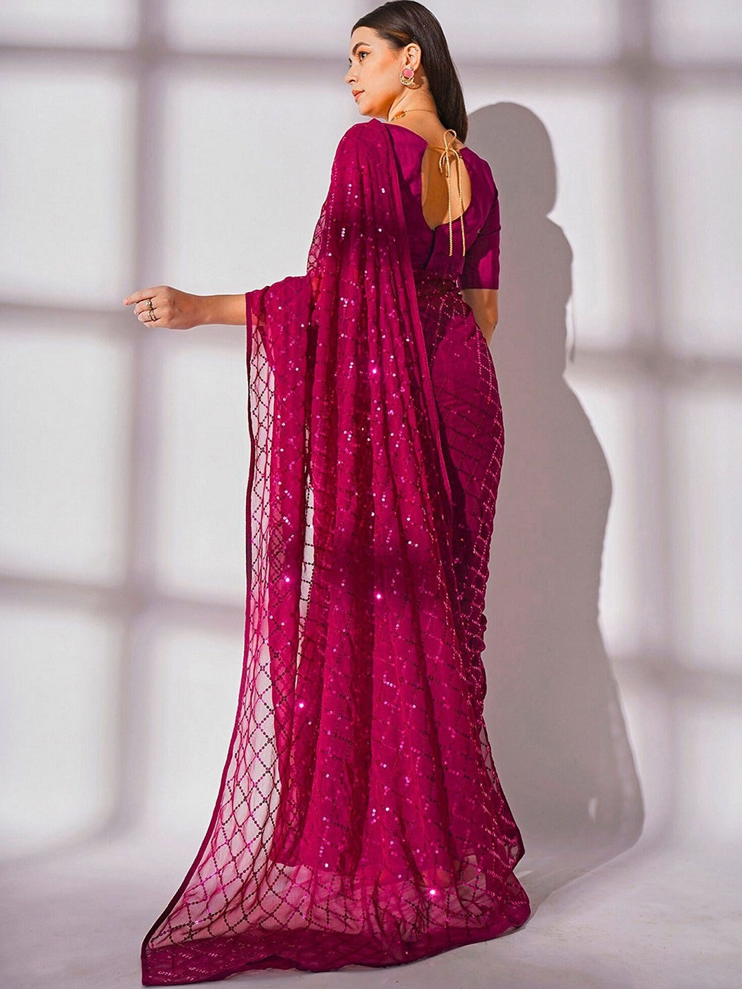 NAINARA Rani Pink Georgette Saree with Sequin Checks Work and Matching Blouse