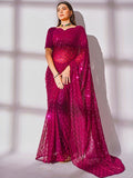 NAINARA Rani Pink Georgette Saree with Sequin Checks Work and Matching Blouse