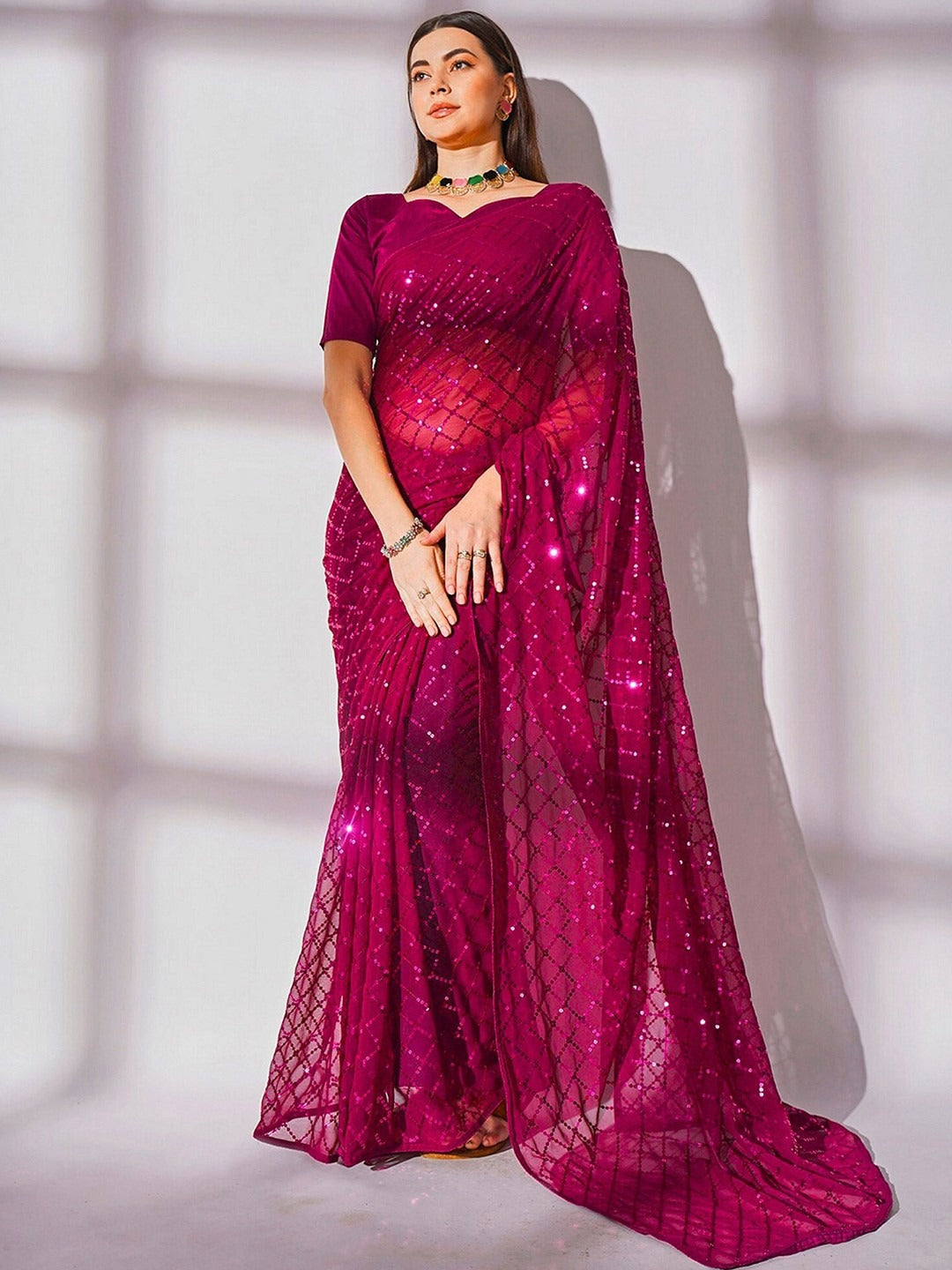 NAINARA Rani Pink Georgette Saree with Sequin Checks Work and Matching Blouse