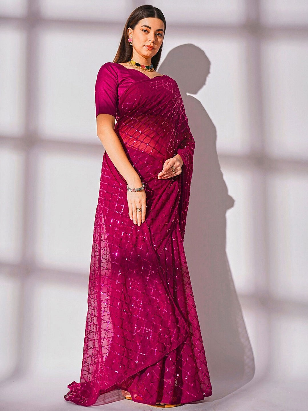 NAINARA Rani Pink Georgette Saree with Sequin Checks Work and Matching Blouse