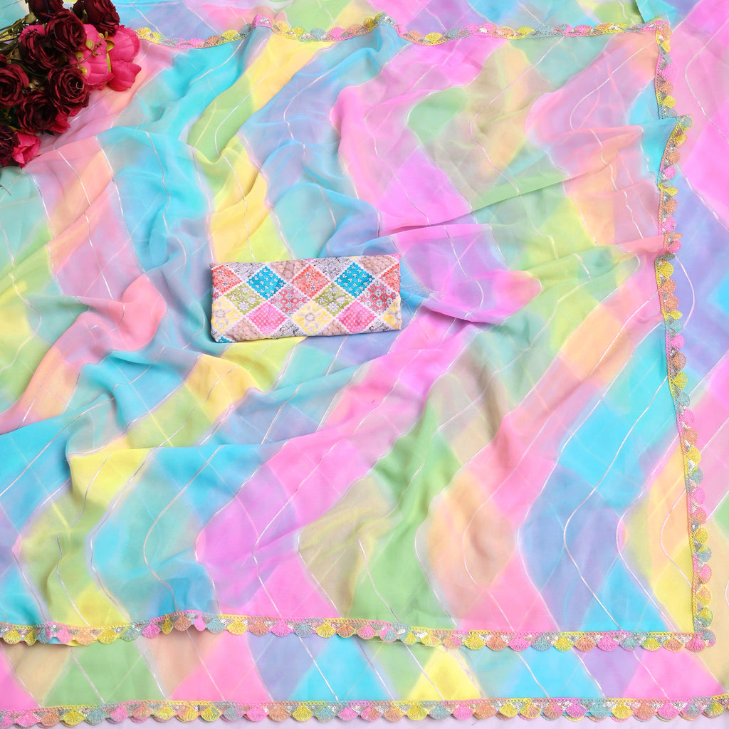 NAINARA Multicolor Pastel Georgette Saree with Designer Lace Border & Matching Blouse