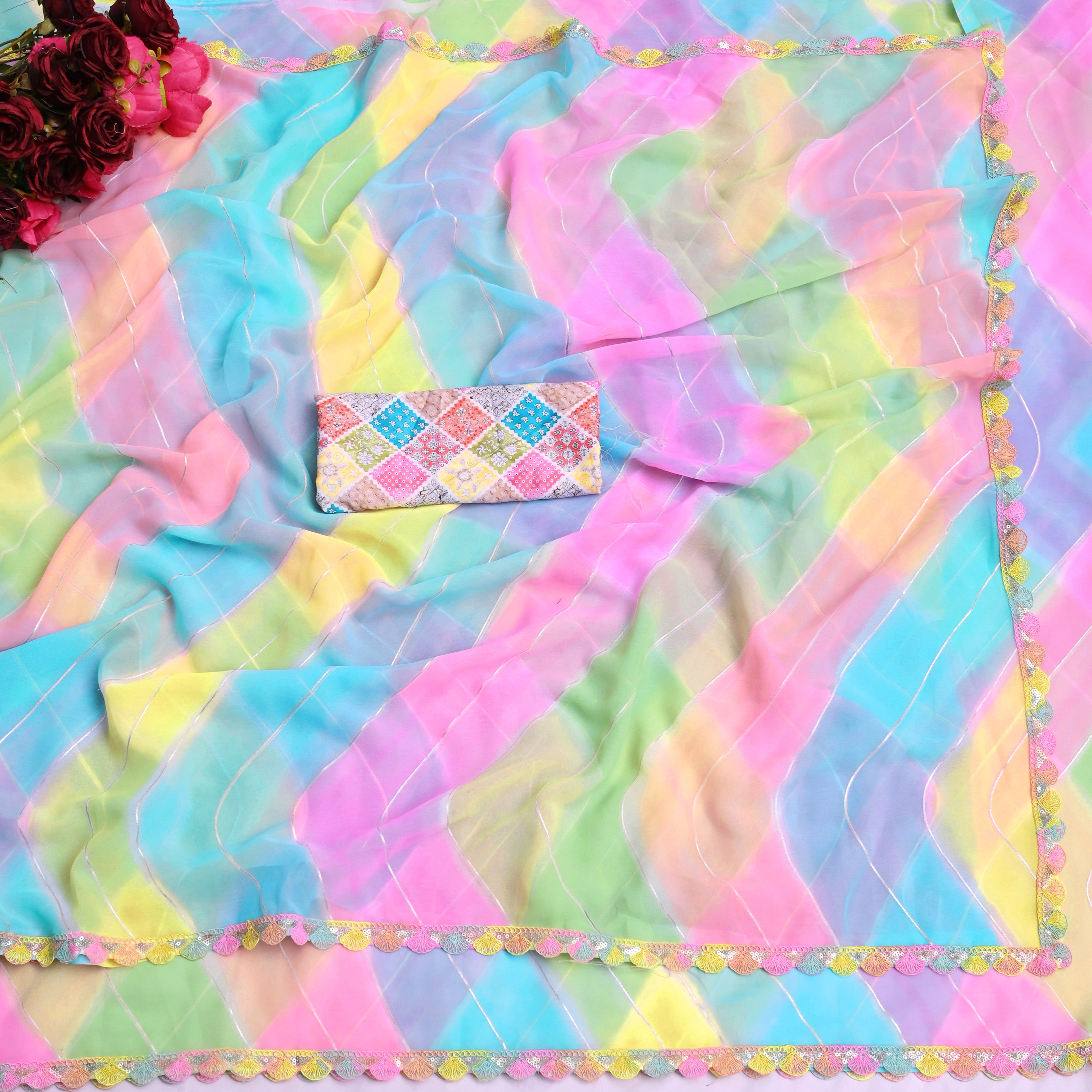 NAINARA Multicolor Pastel Georgette Saree with Designer Lace Border & Matching Blouse