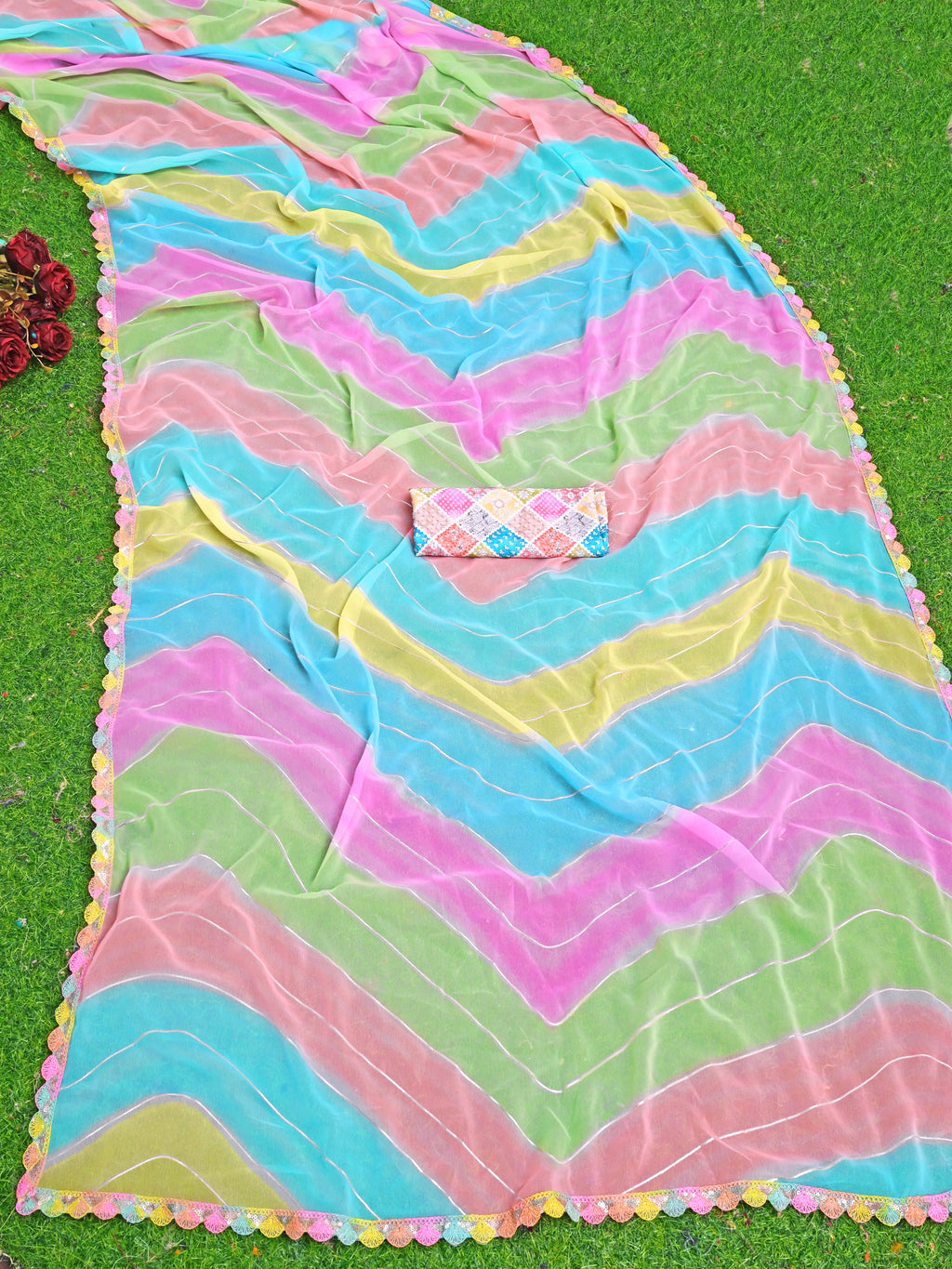 NAINARA Multicolor Pastel Georgette Saree with Designer Lace Border & Matching Blouse