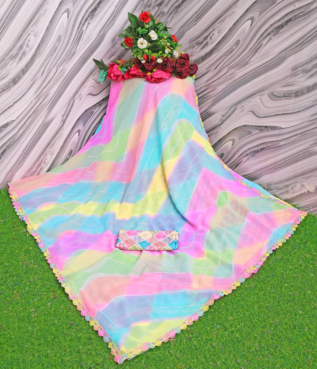 NAINARA Multicolor Pastel Georgette Saree with Designer Lace Border & Matching Blouse