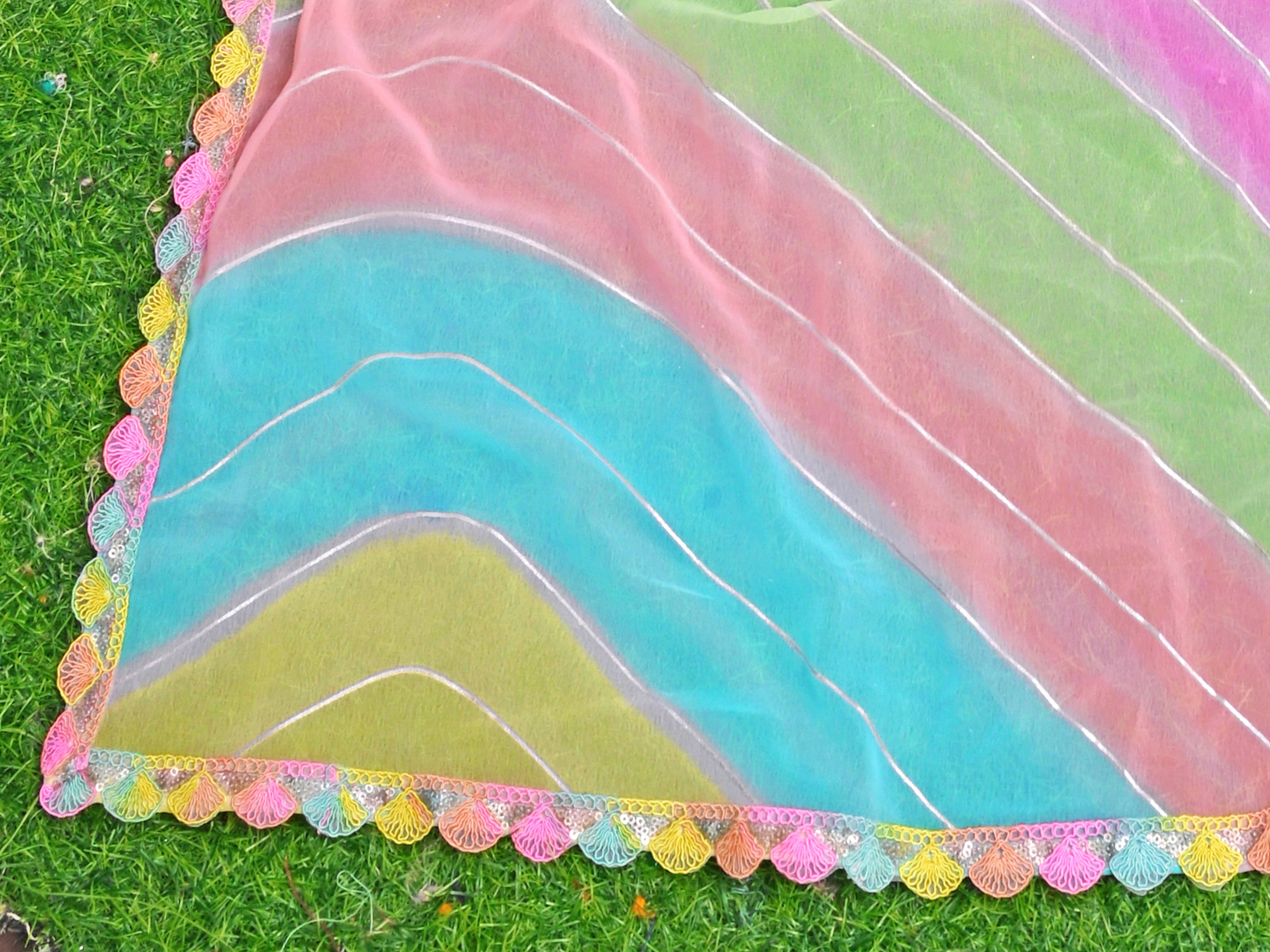 NAINARA Multicolor Pastel Georgette Saree with Designer Lace Border & Matching Blouse