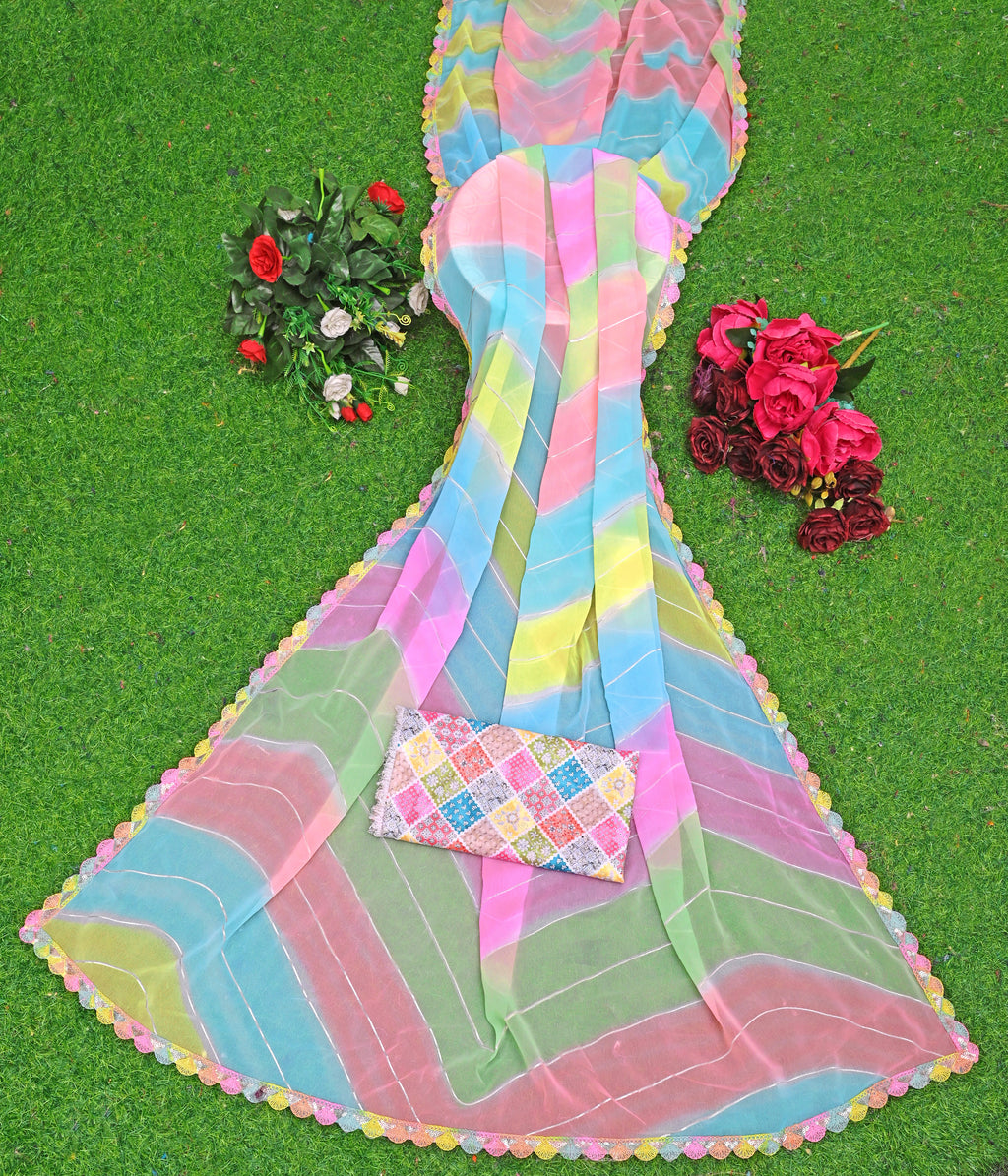 NAINARA Multicolor Pastel Georgette Saree with Designer Lace Border & Matching Blouse