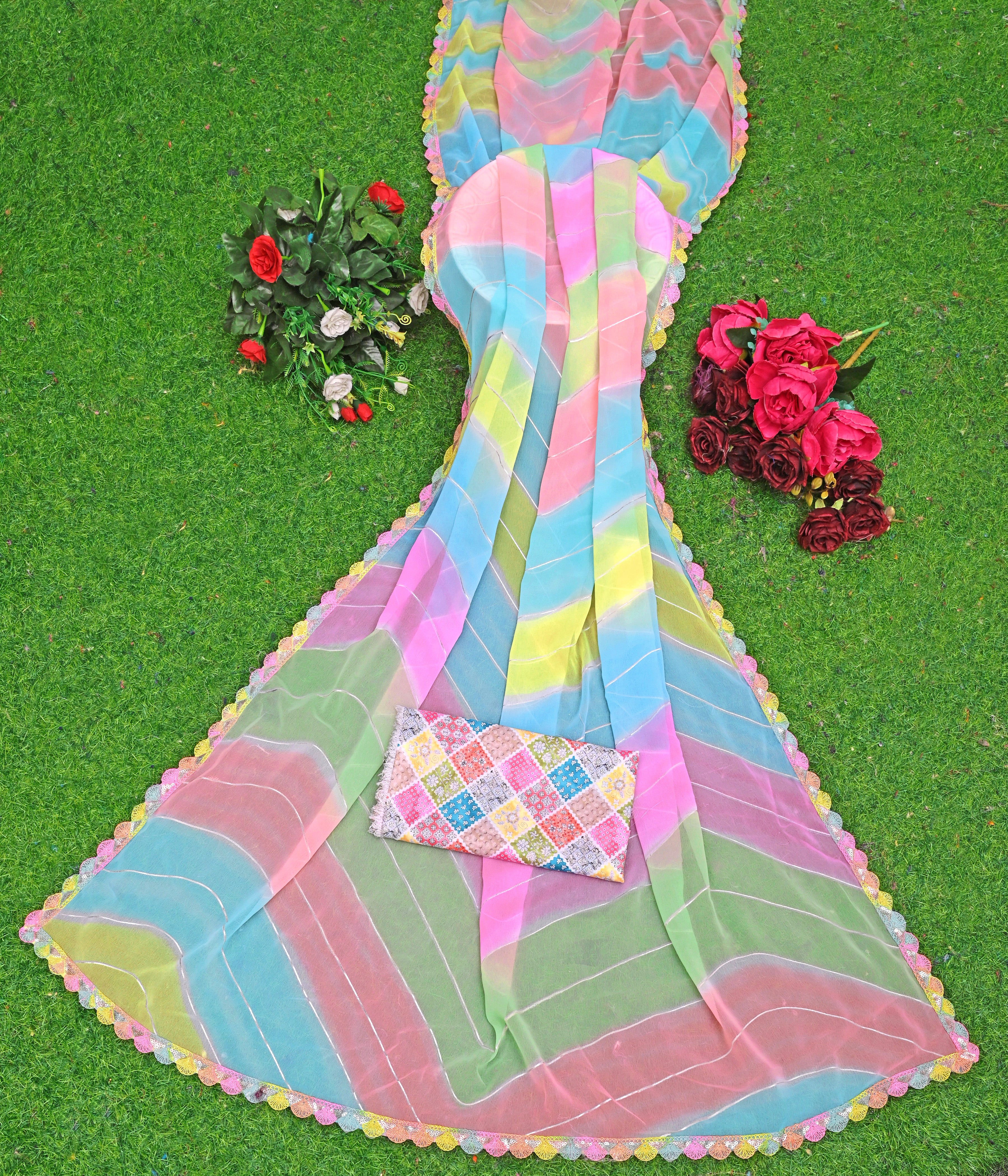 NAINARA Multicolor Pastel Georgette Saree with Designer Lace Border & Matching Blouse