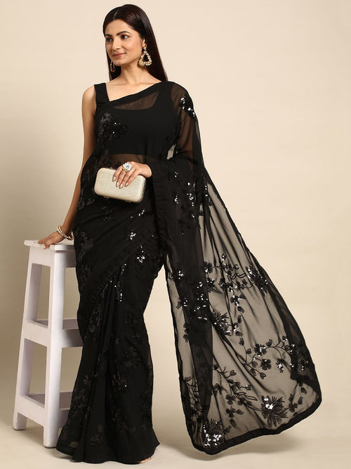 NAINARA Black Georgette Embroidered Saree with Sequins Work and Unstitched Blouse