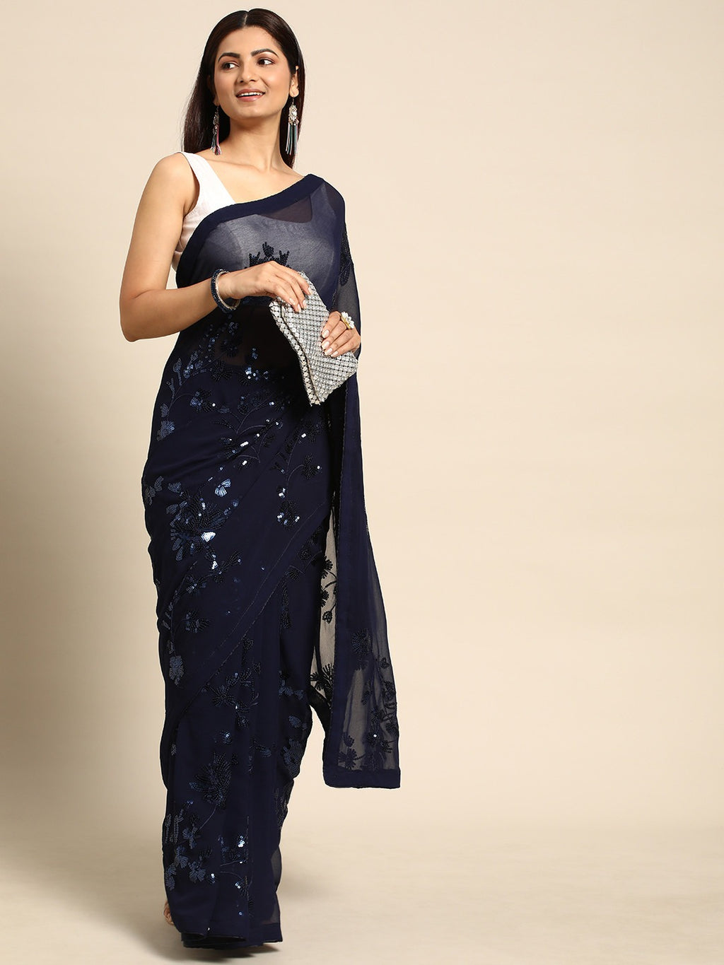 NAINARA Navy Blue Georgette Embroidered Saree with Sequins Work and Unstitched Blouse