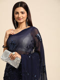 NAINARA Navy Blue Georgette Embroidered Saree with Sequins Work and Unstitched Blouse