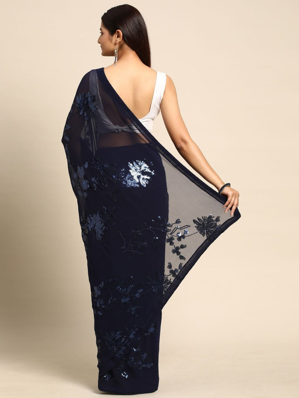 NAINARA Navy Blue Georgette Embroidered Saree with Sequins Work and Unstitched Blouse
