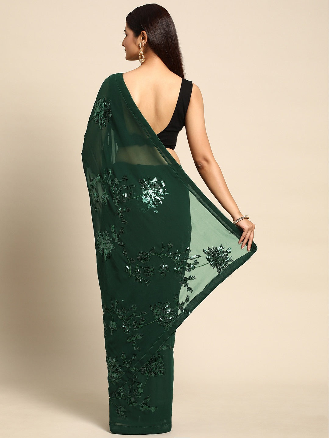 NAINARA Dark Green Georgette Embroidered Saree with Sequins Work and Unstitched Blouse