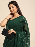 NAINARA Dark Green Georgette Embroidered Saree with Sequins Work and Unstitched Blouse